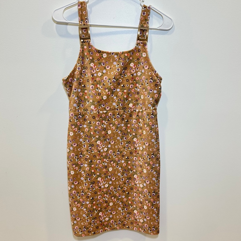 Beautees Girls Corduroy Floral Pinafore Dress‎ Brown Gold Buckle Size 16